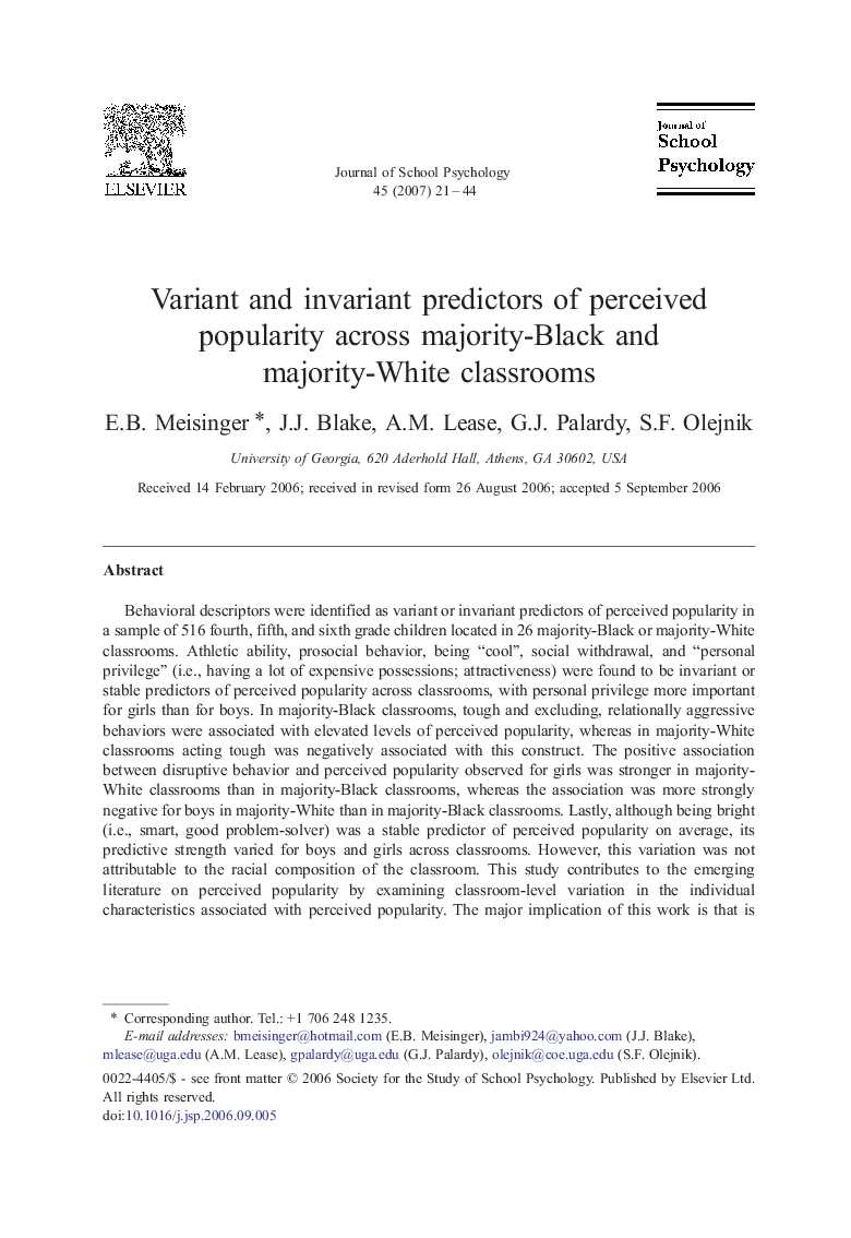 Variant and invariant predictors of perceived popularity across majority-Black and majority-White classrooms
