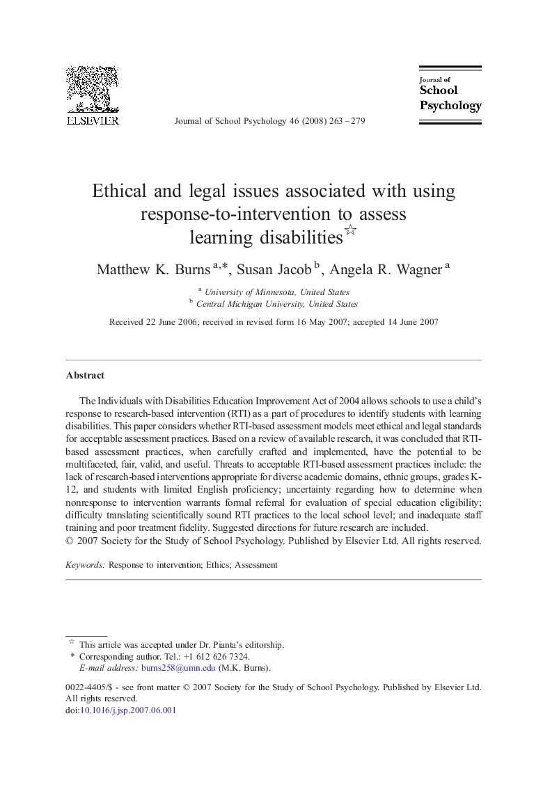 Ethical and legal issues associated with using response-to-intervention to assess learning disabilities 