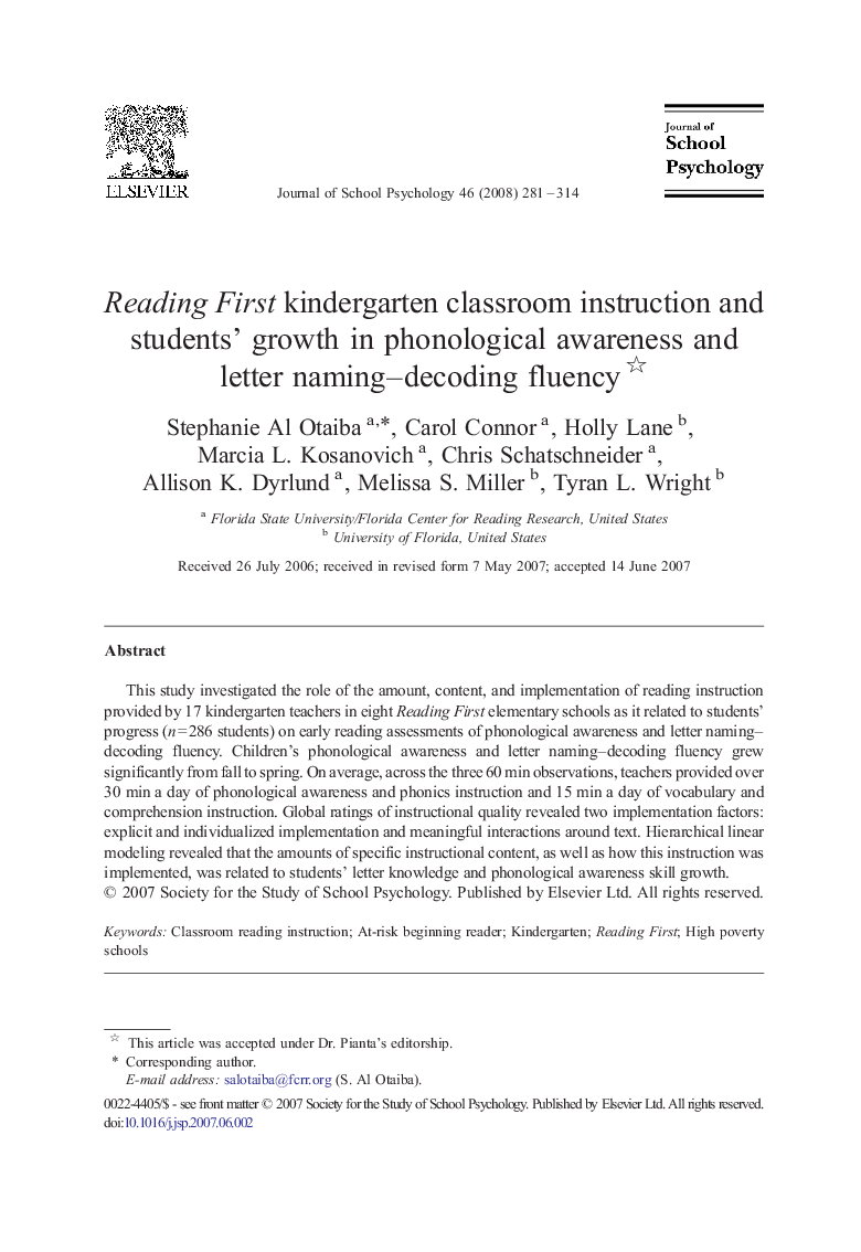 Reading First kindergarten classroom instruction and students' growth in phonological awareness and letter naming–decoding fluency 