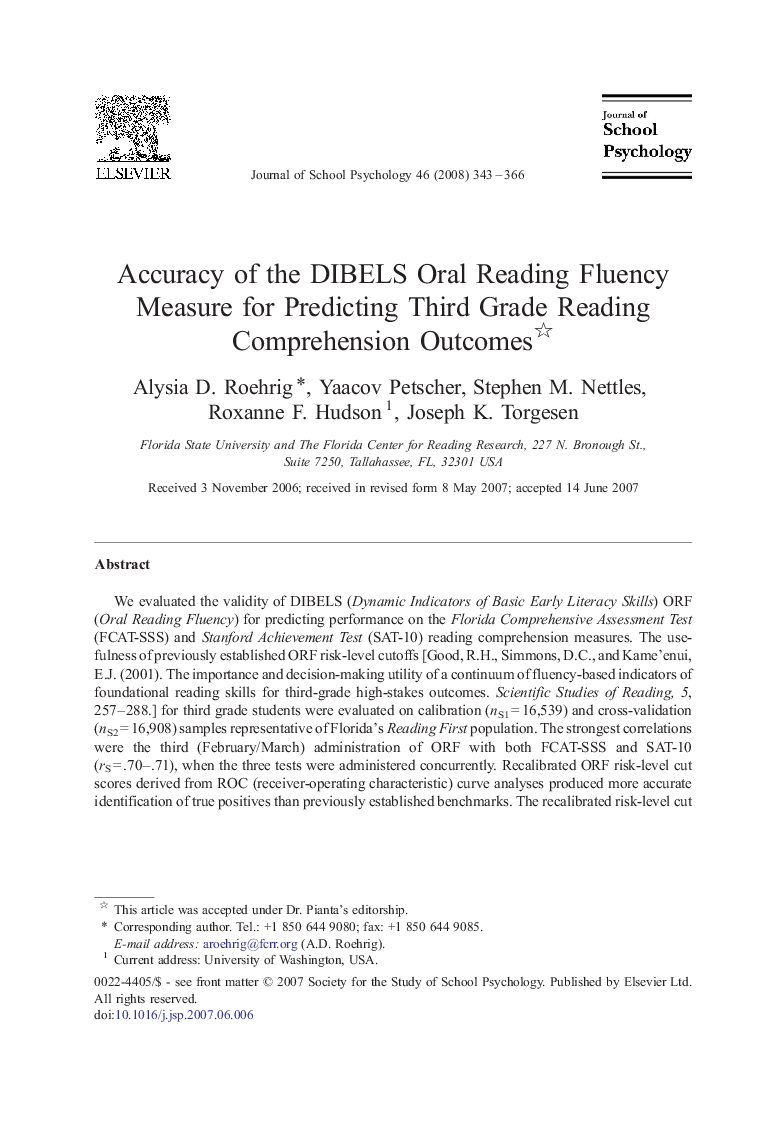 Accuracy of the DIBELS Oral Reading Fluency Measure for Predicting Third Grade Reading Comprehension Outcomes 