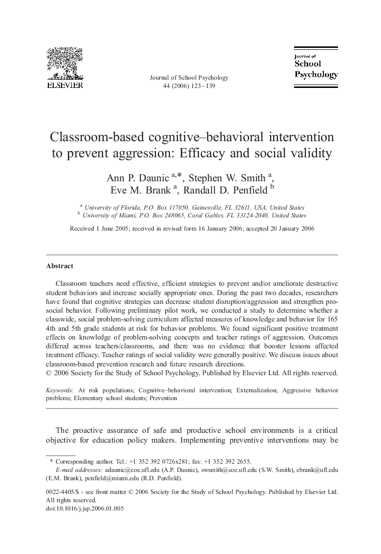 Classroom-based cognitive–behavioral intervention to prevent aggression: Efficacy and social validity