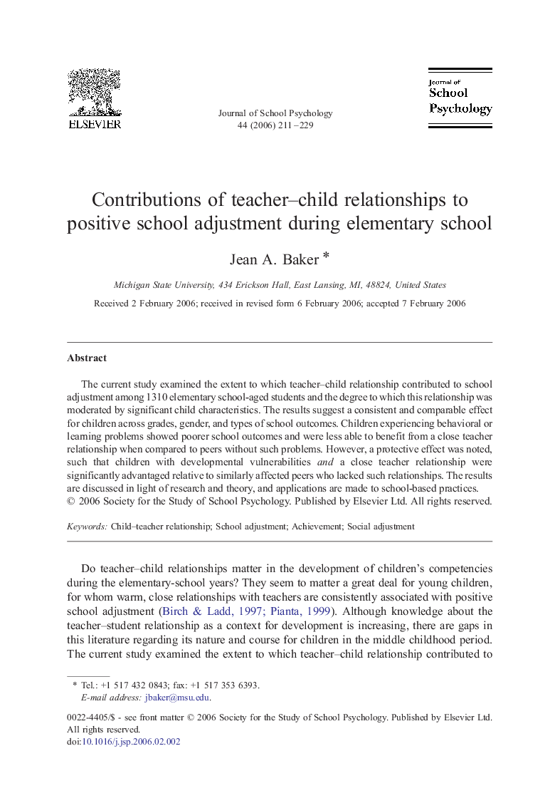 Contributions of teacher–child relationships to positive school adjustment during elementary school