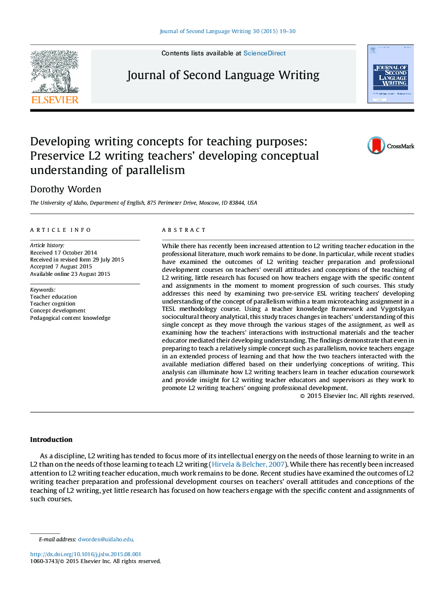 Developing writing concepts for teaching purposes: Preservice L2 writing teachers’ developing conceptual understanding of parallelism