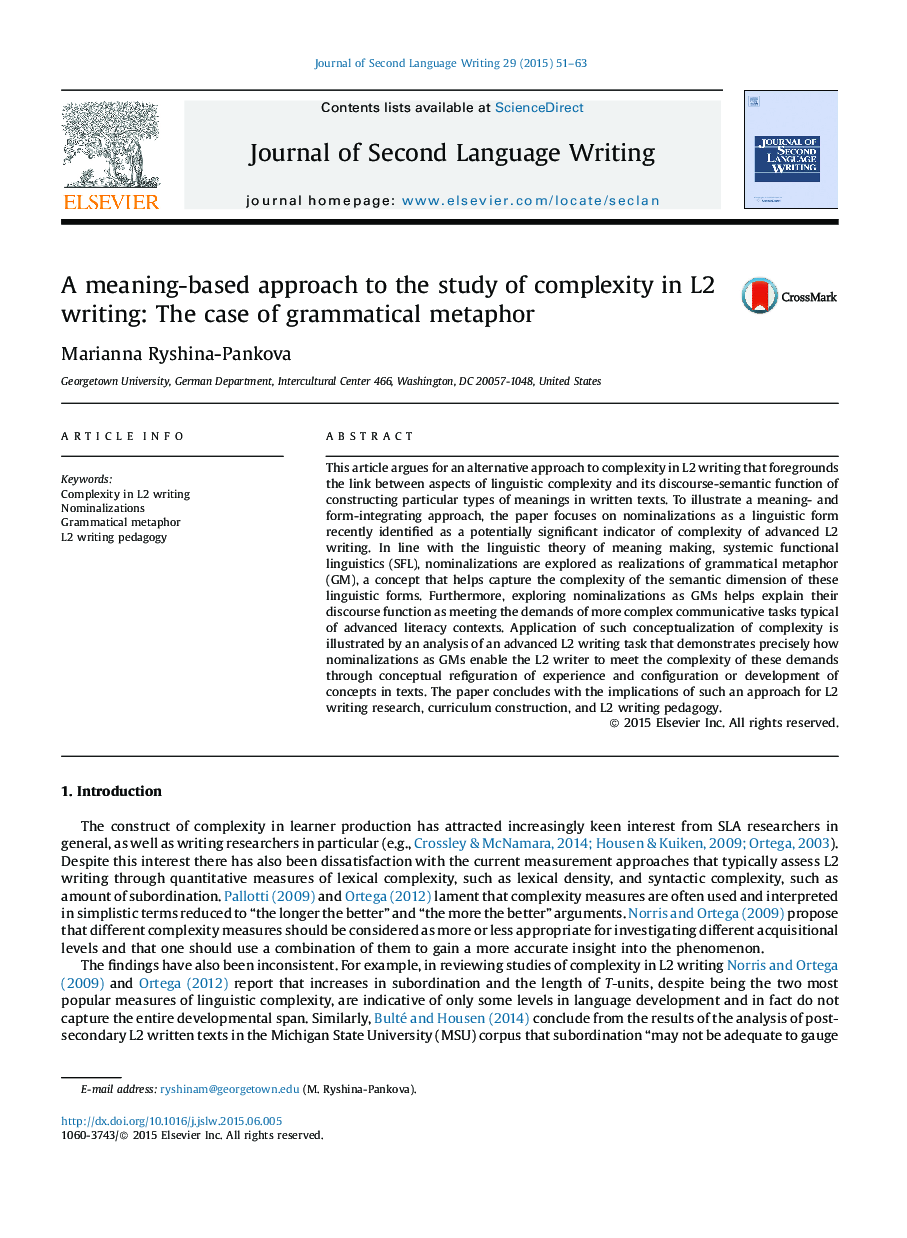 A meaning-based approach to the study of complexity in L2 writing: The case of grammatical metaphor