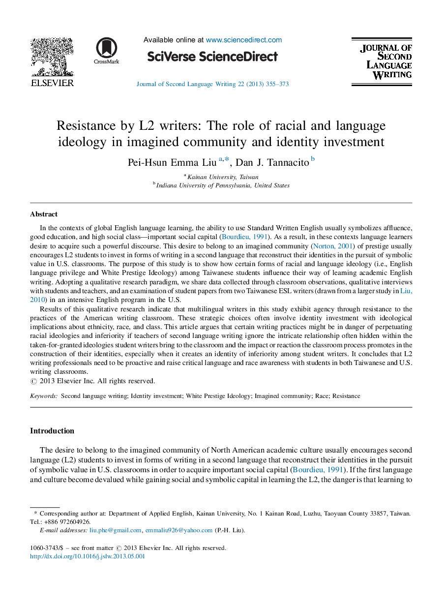 Resistance by L2 writers: The role of racial and language ideology in imagined community and identity investment