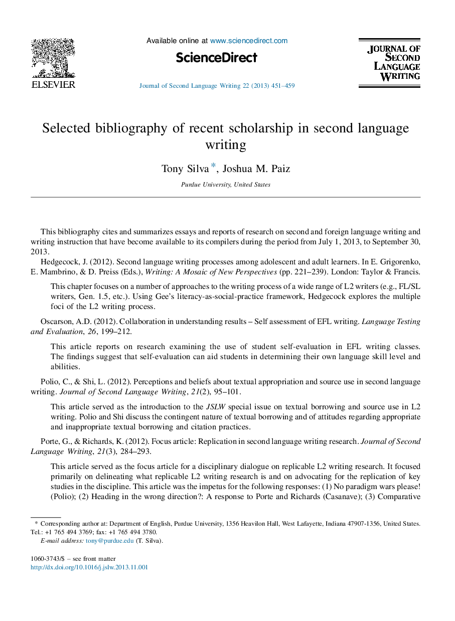 Selected bibliography of recent scholarship in second language writing