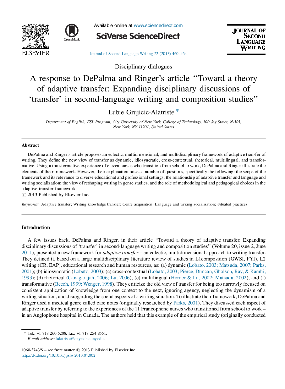 A response to DePalma and Ringer's article “Toward a theory of adaptive transfer: Expanding disciplinary discussions of ‘transfer’ in second-language writing and composition studies”