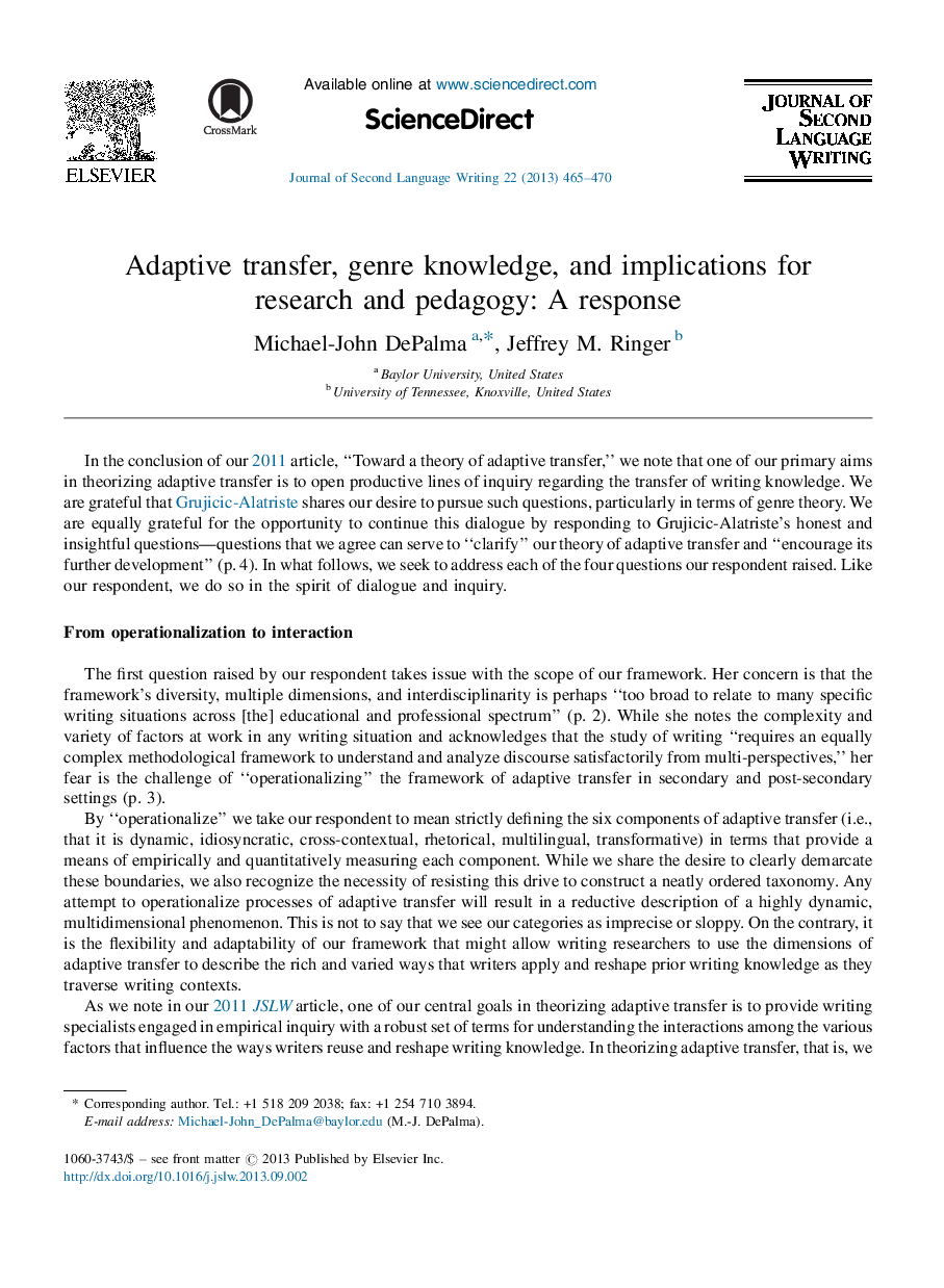 Adaptive transfer, genre knowledge, and implications for research and pedagogy: A response