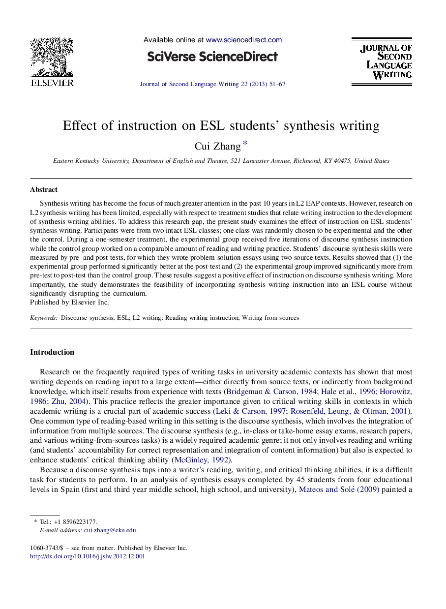 Effect of instruction on ESL students’ synthesis writing