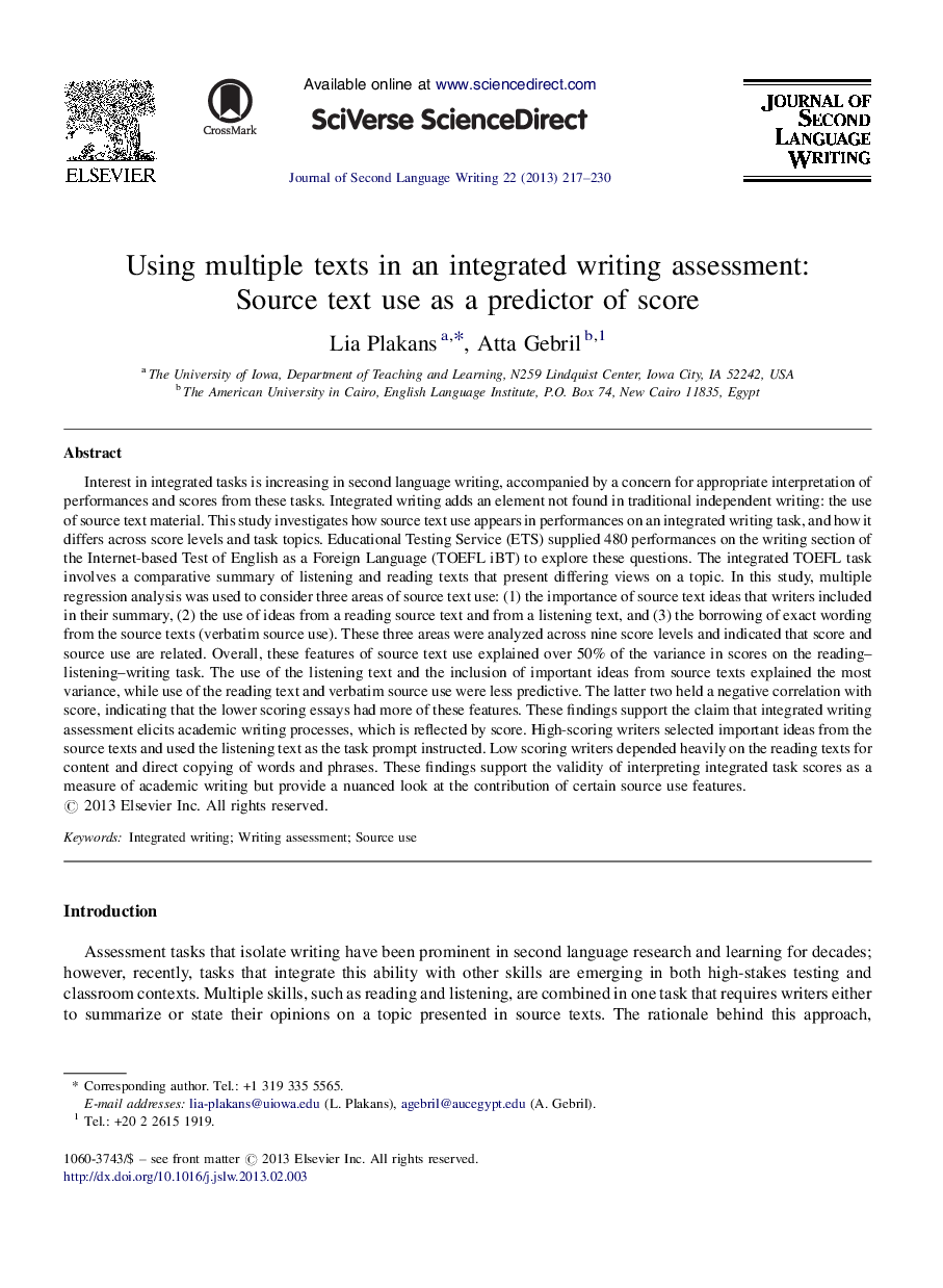 Using multiple texts in an integrated writing assessment: Source text use as a predictor of score