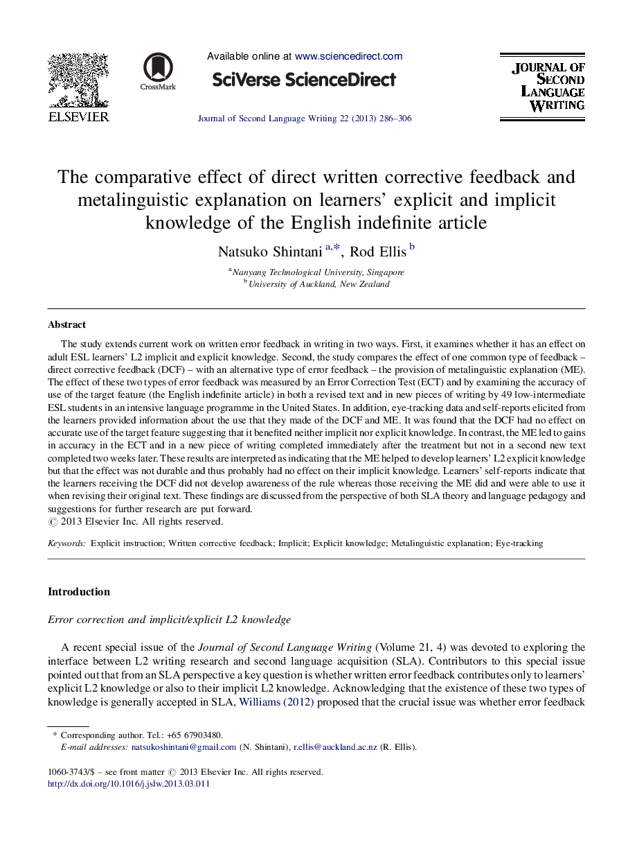The comparative effect of direct written corrective feedback and metalinguistic explanation on learners’ explicit and implicit knowledge of the English indefinite article