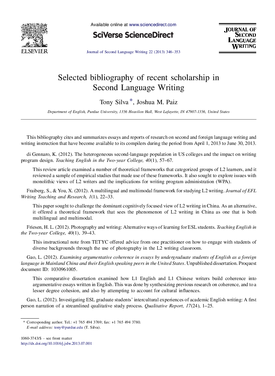 Selected bibliography of recent scholarship in Second Language Writing