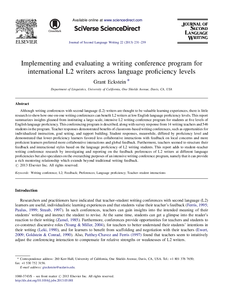 Implementing and evaluating a writing conference program for international L2 writers across language proficiency levels