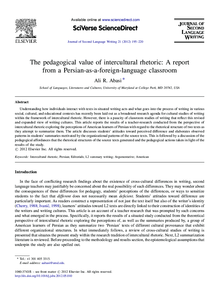 The pedagogical value of intercultural rhetoric: A report from a Persian-as-a-foreign-language classroom