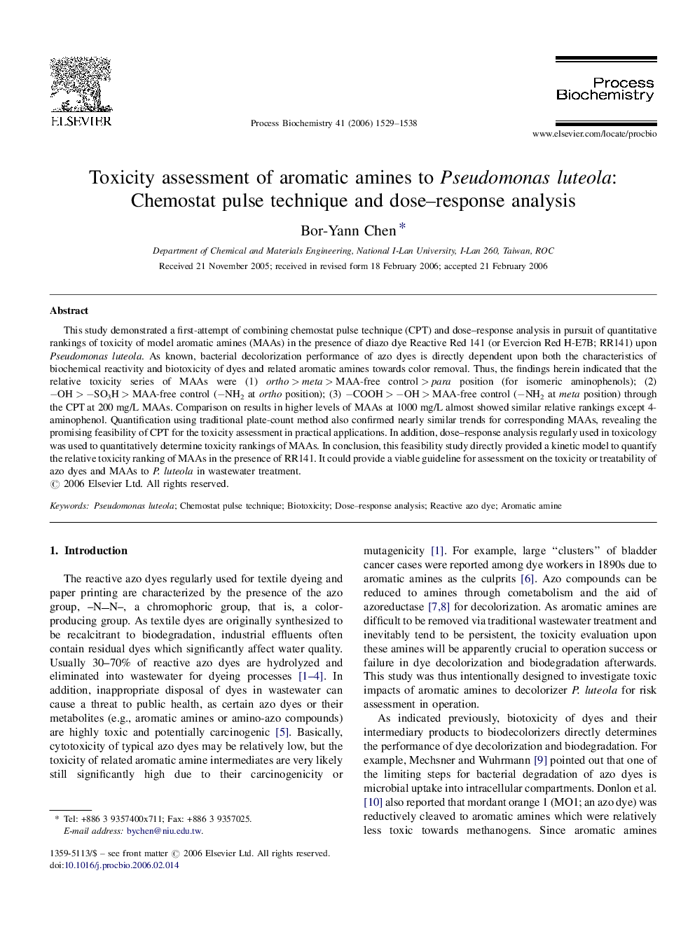 Toxicity assessment of aromatic amines to Pseudomonas luteola: Chemostat pulse technique and dose–response analysis