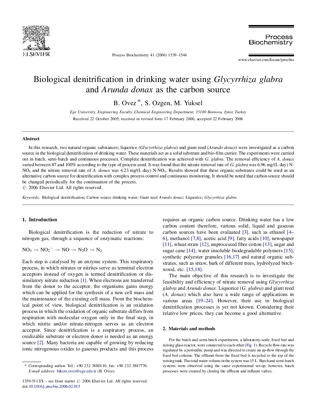 Biological denitrification in drinking water using Glycyrrhiza glabra and Arunda donax as the carbon source