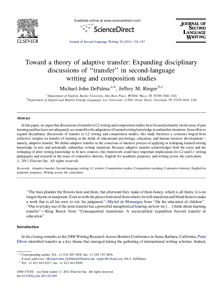 Toward a theory of adaptive transfer: Expanding disciplinary discussions of “transfer” in second-language writing and composition studies