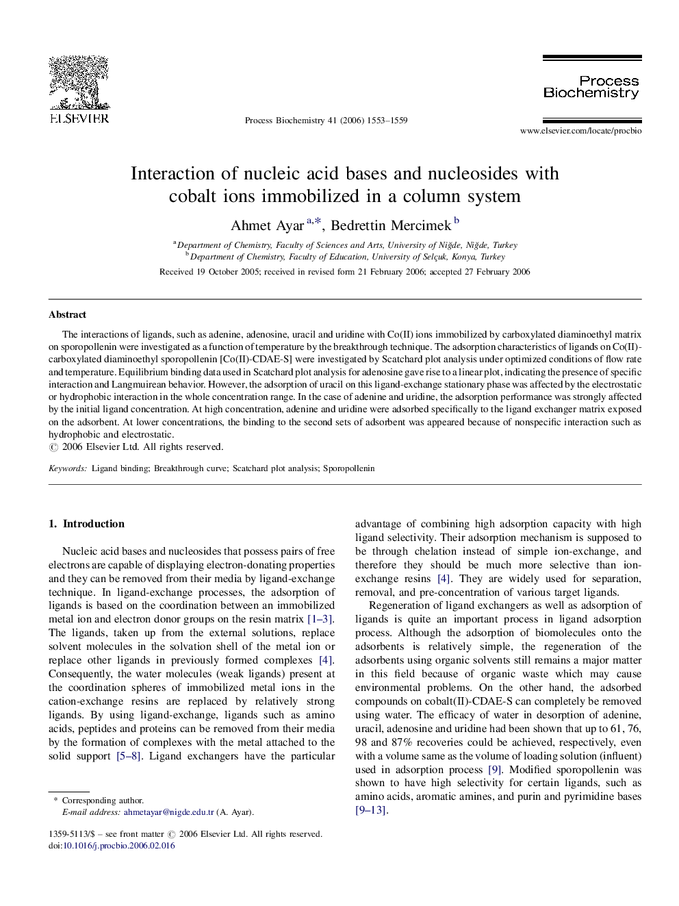 Interaction of nucleic acid bases and nucleosides with cobalt ions immobilized in a column system