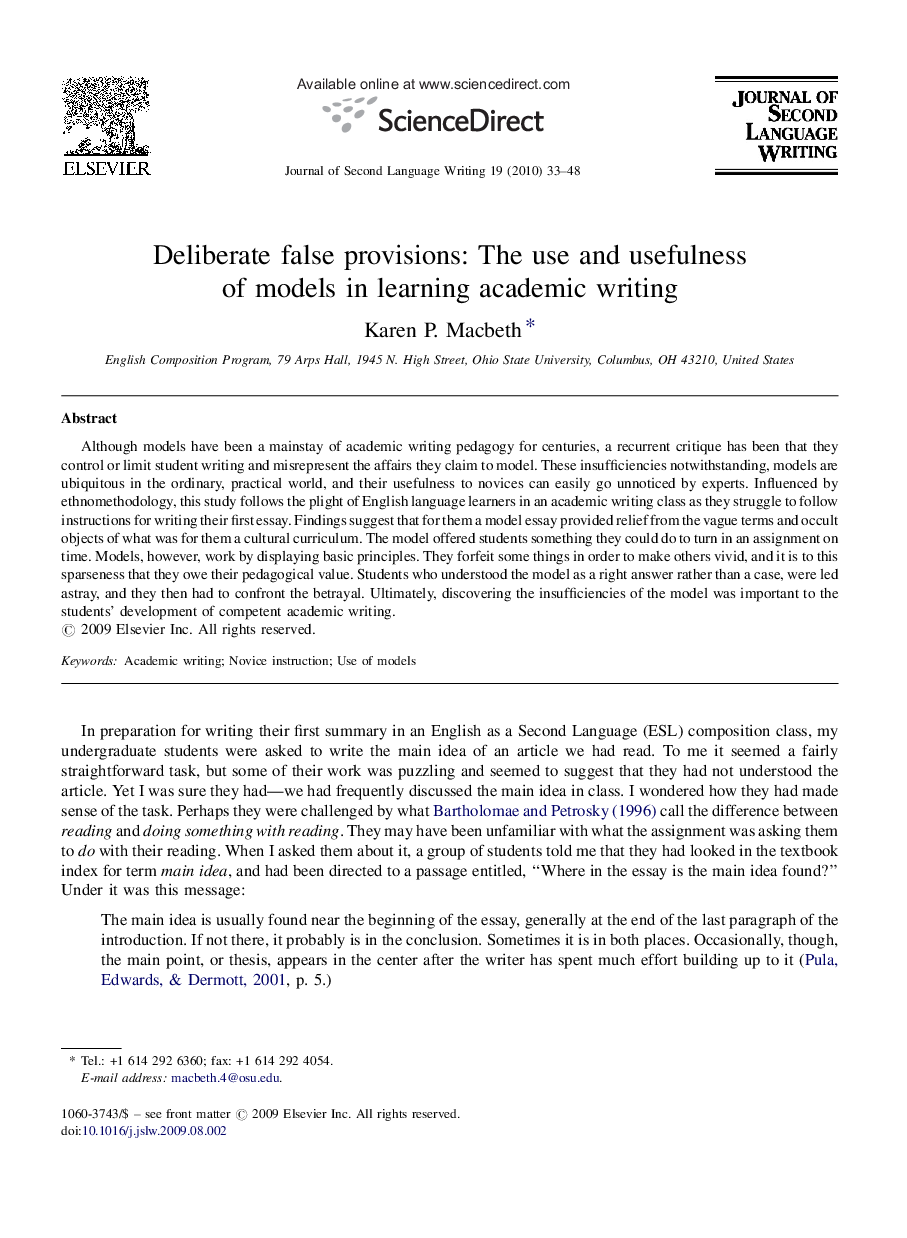 Deliberate false provisions: The use and usefulness of models in learning academic writing