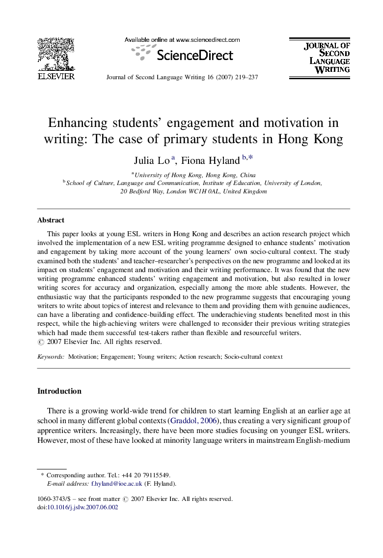 Enhancing students’ engagement and motivation in writing: The case of primary students in Hong Kong