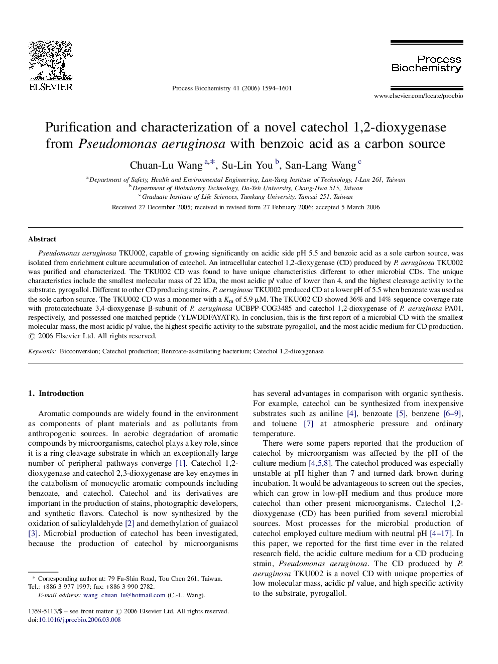 Purification and characterization of a novel catechol 1,2-dioxygenase from Pseudomonas aeruginosa with benzoic acid as a carbon source