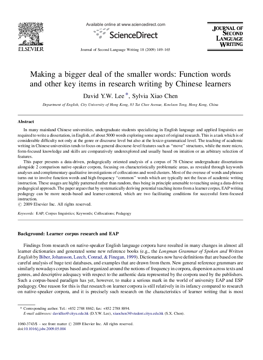 Making a bigger deal of the smaller words: Function words and other key items in research writing by Chinese learners