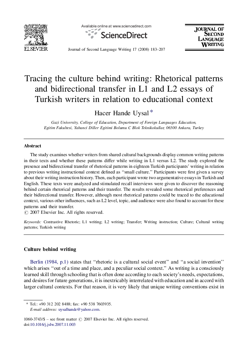 Tracing the culture behind writing: Rhetorical patterns and bidirectional transfer in L1 and L2 essays of Turkish writers in relation to educational context