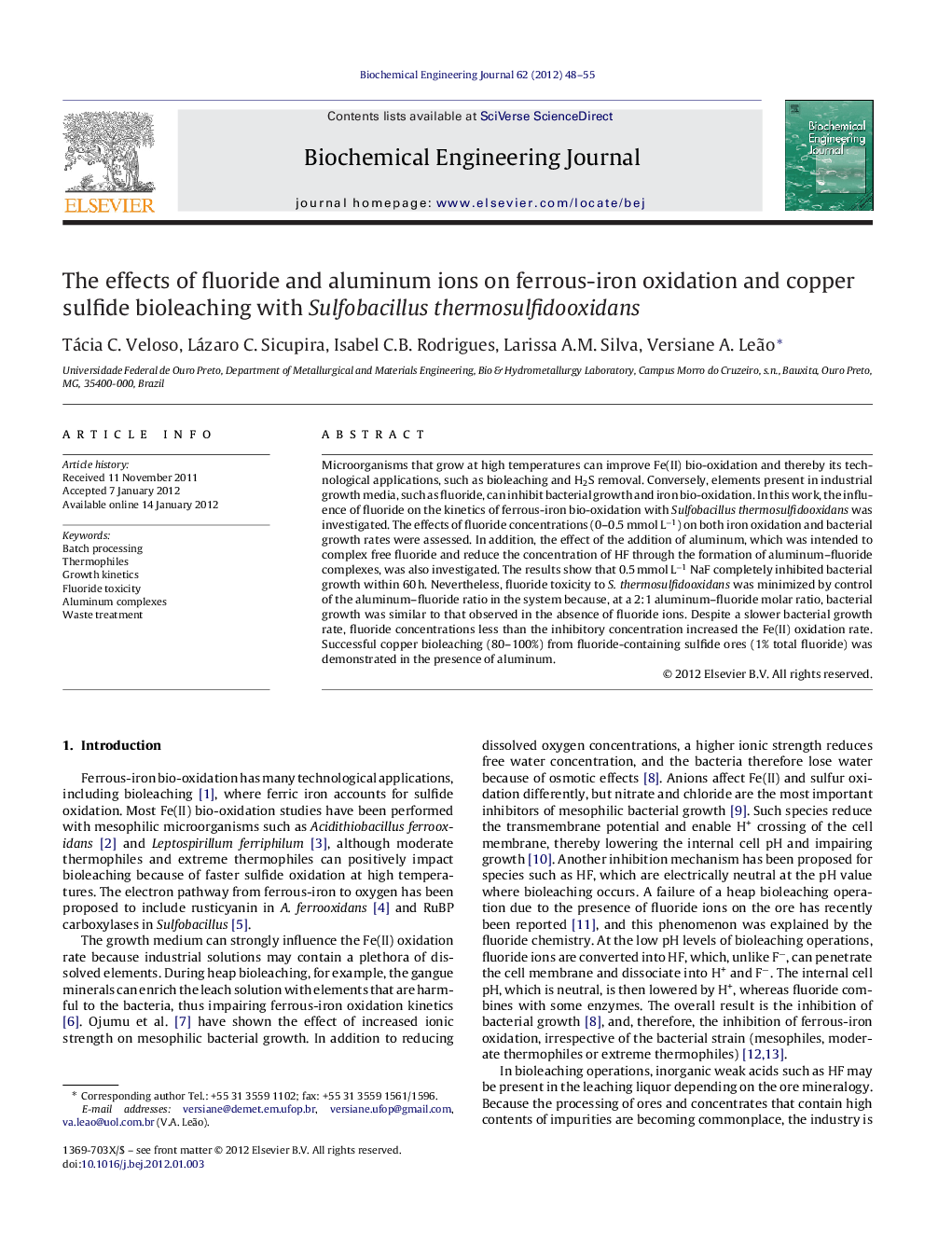 The effects of fluoride and aluminum ions on ferrous-iron oxidation and copper sulfide bioleaching with Sulfobacillus thermosulfidooxidans