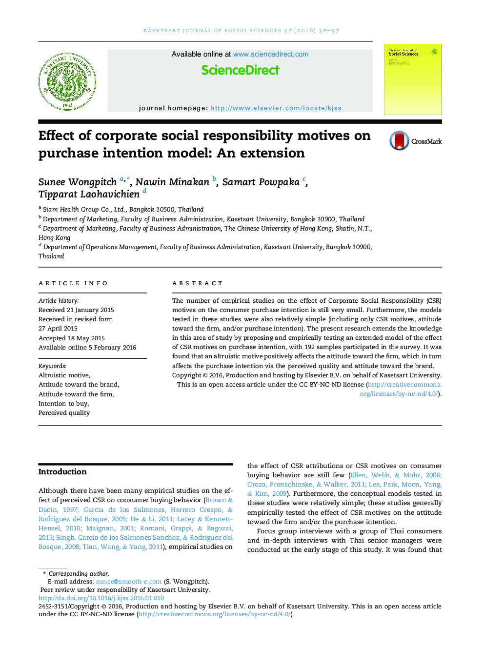 Effect of corporate social responsibility motives on purchase intention model: An extension 