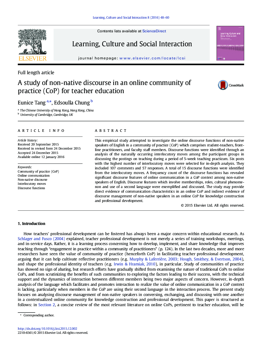 A study of non-native discourse in an online community of practice (CoP) for teacher education