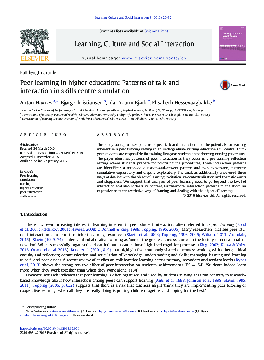 Peer learning in higher education: Patterns of talk and interaction in skills centre simulation