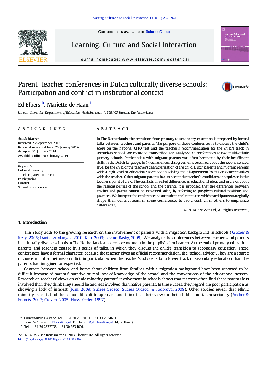 Parent–teacher conferences in Dutch culturally diverse schools: Participation and conflict in institutional context