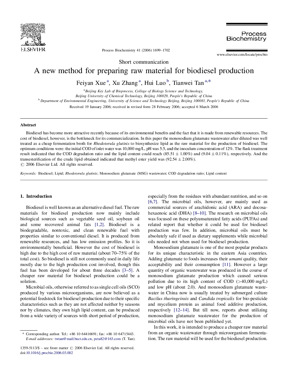 A new method for preparing raw material for biodiesel production