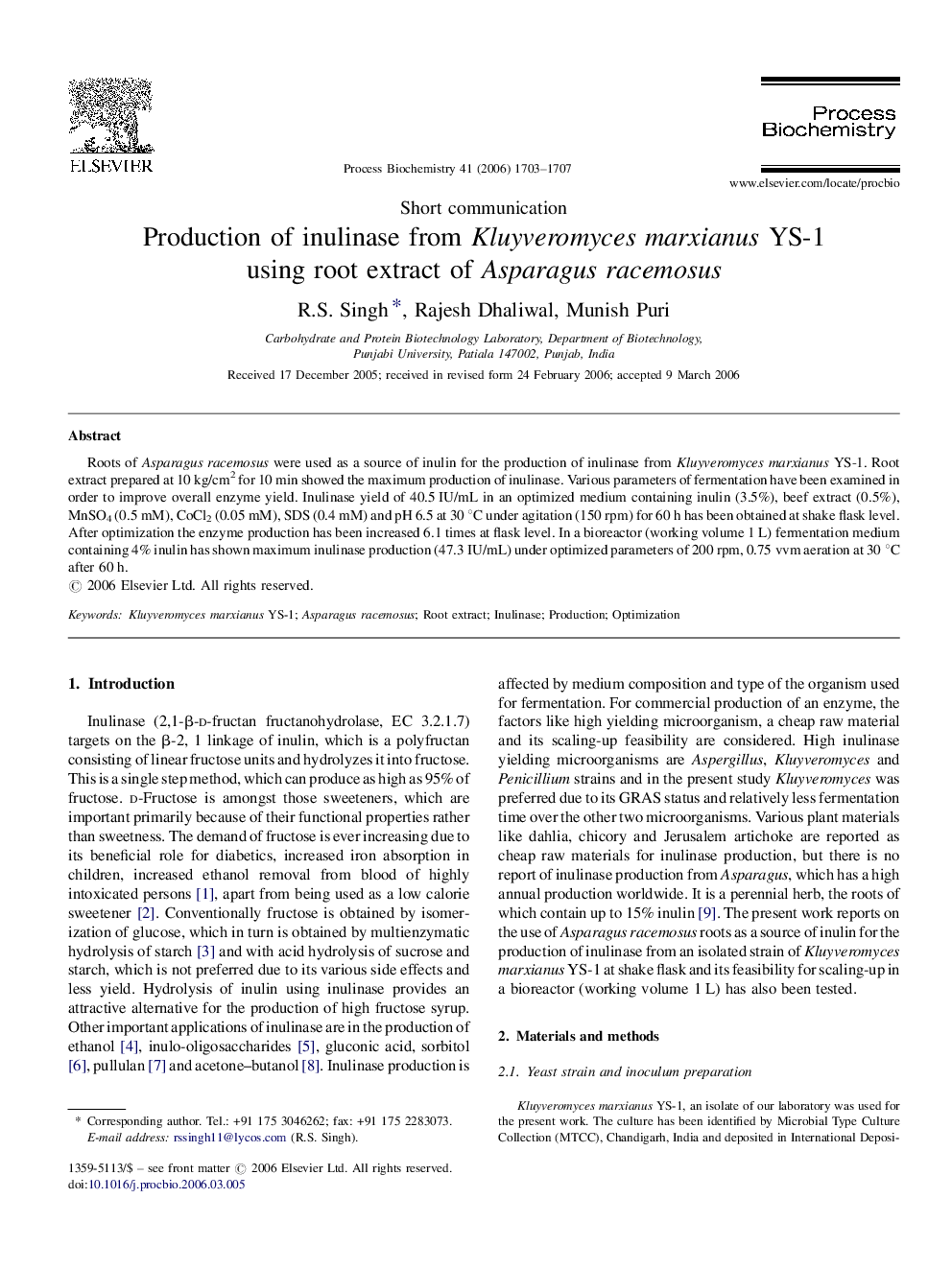 Production of inulinase from Kluyveromyces marxianus YS-1 using root extract of Asparagus racemosus