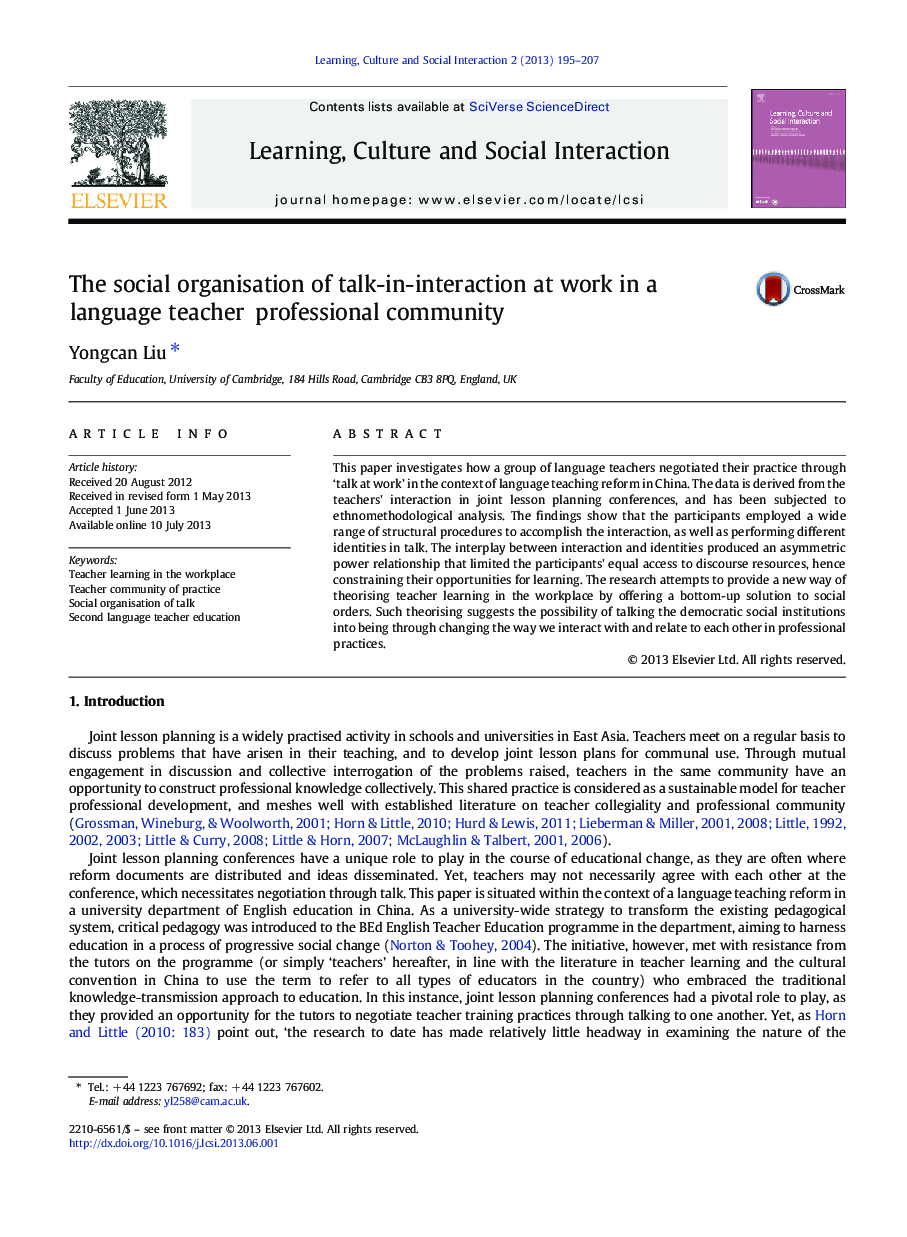 The social organisation of talk-in-interaction at work in a language teacher professional community