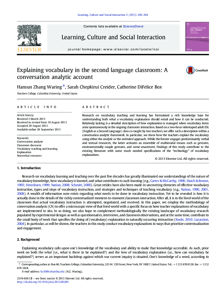 Explaining vocabulary in the second language classroom: A conversation analytic account