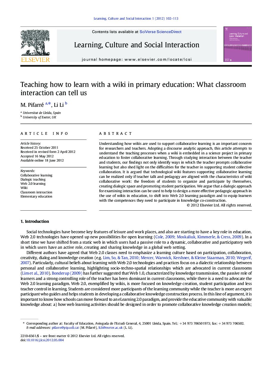 Teaching how to learn with a wiki in primary education: What classroom interaction can tell us