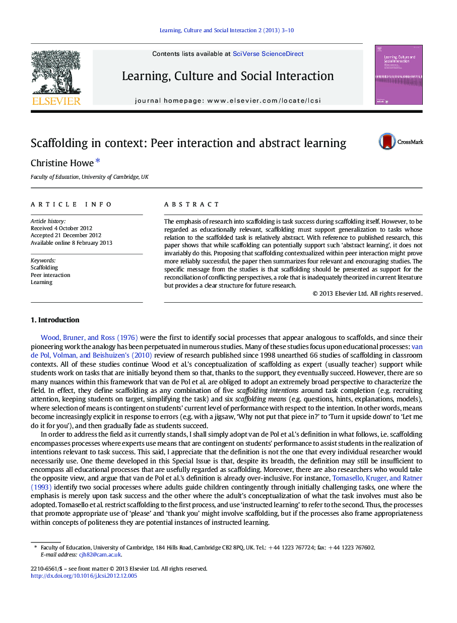 عکس صفحه اول مقاله: Scaffolding in context: Peer interaction and abstract learning Scaffolding in context: Peer interaction and abstract learning