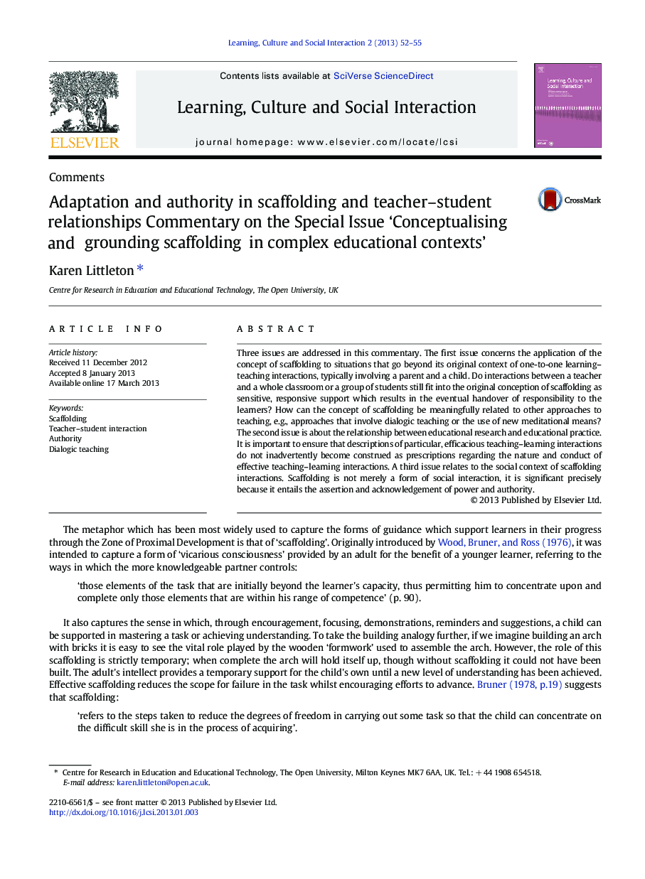 Adaptation and authority in scaffolding and teacher–student relationships: Commentary on the Special Issue ‘Conceptualising and grounding scaffolding in complex educational contexts’