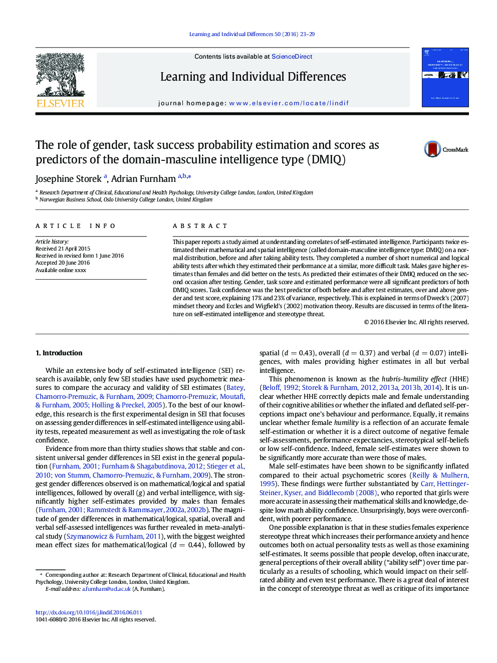 The role of gender, task success probability estimation and scores as predictors of the domain-masculine intelligence type (DMIQ)