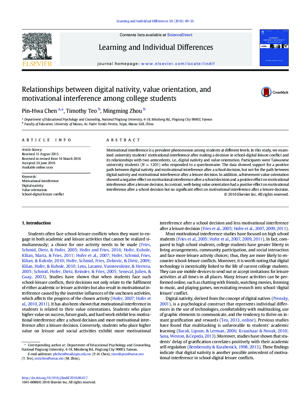Relationships between digital nativity, value orientation, and motivational interference among college students