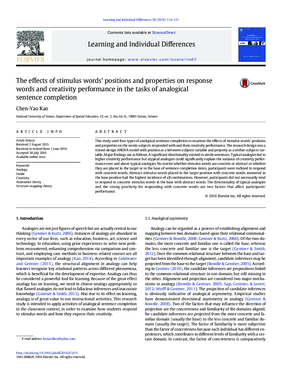 The effects of stimulus words' positions and properties on response words and creativity performance in the tasks of analogical sentence completion