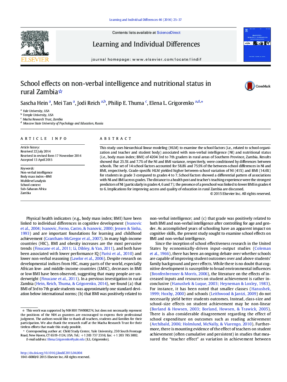 School effects on non-verbal intelligence and nutritional status in rural Zambia 