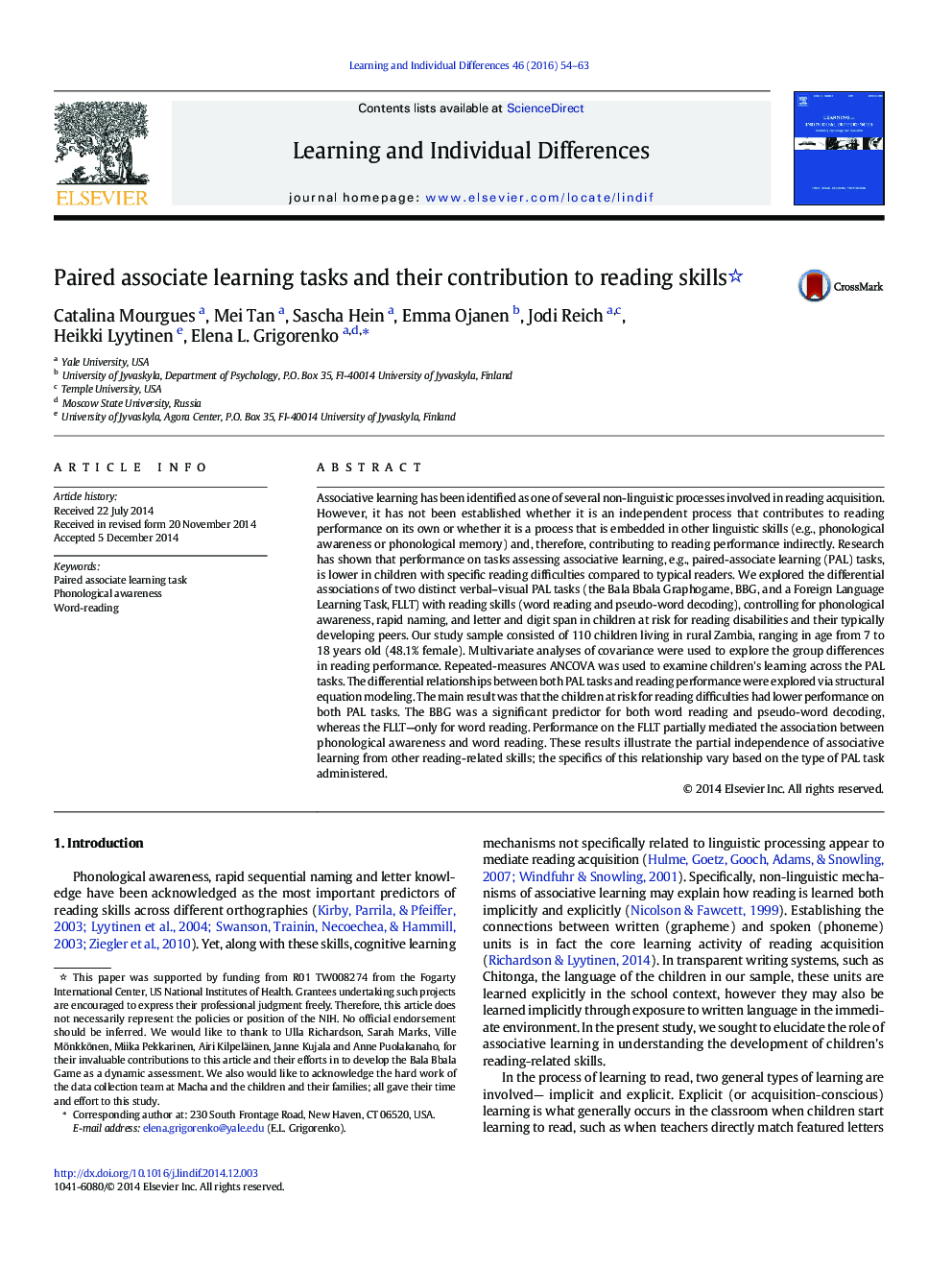 Paired associate learning tasks and their contribution to reading skills 