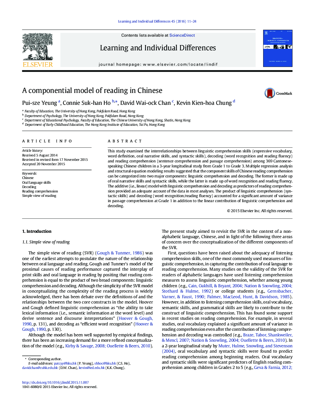 A componential model of reading in Chinese