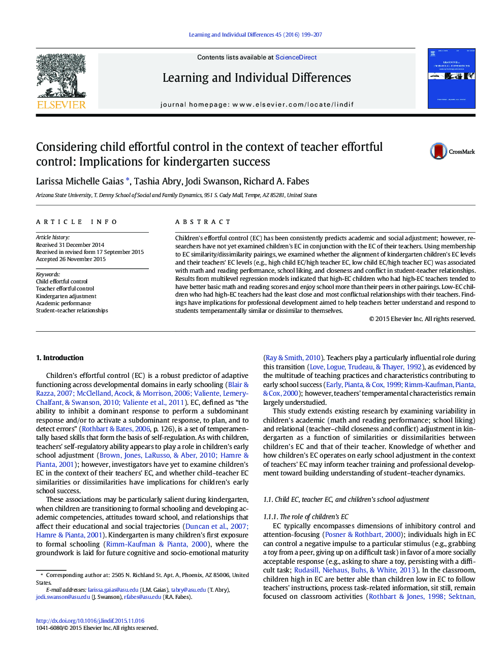 Considering child effortful control in the context of teacher effortful control: Implications for kindergarten success