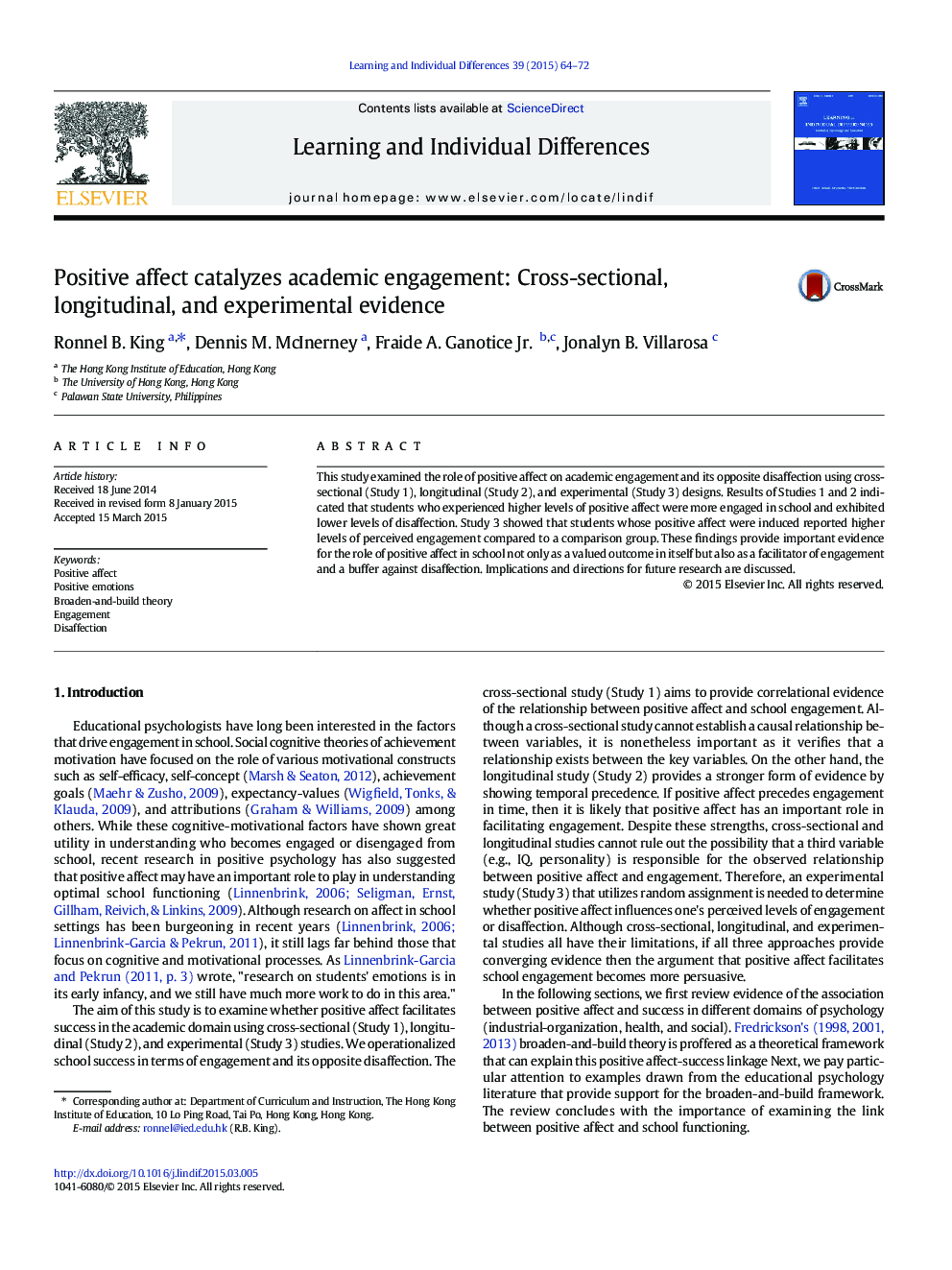 Positive affect catalyzes academic engagement: Cross-sectional, longitudinal, and experimental evidence