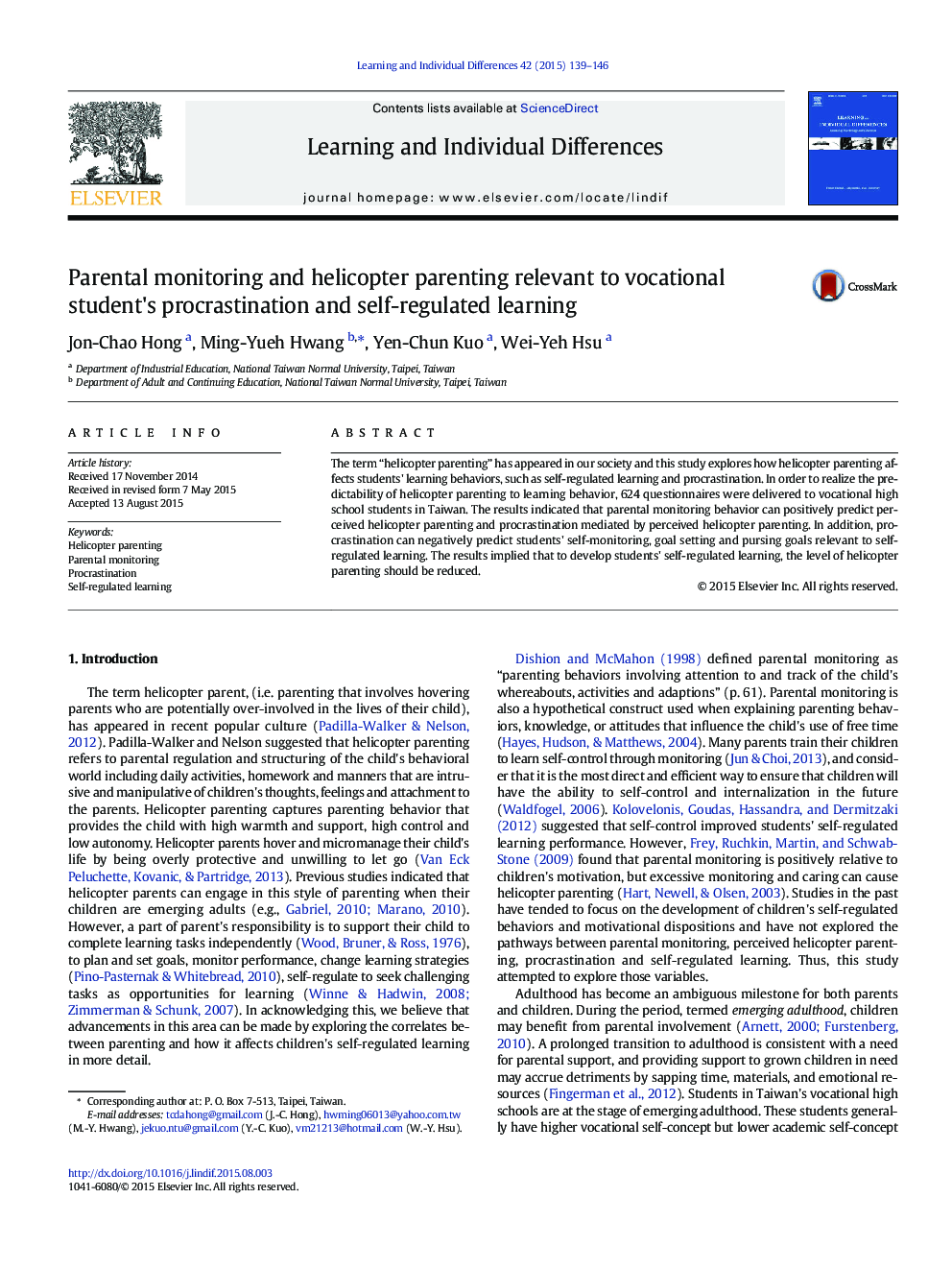 Parental monitoring and helicopter parenting relevant to vocational student's procrastination and self-regulated learning