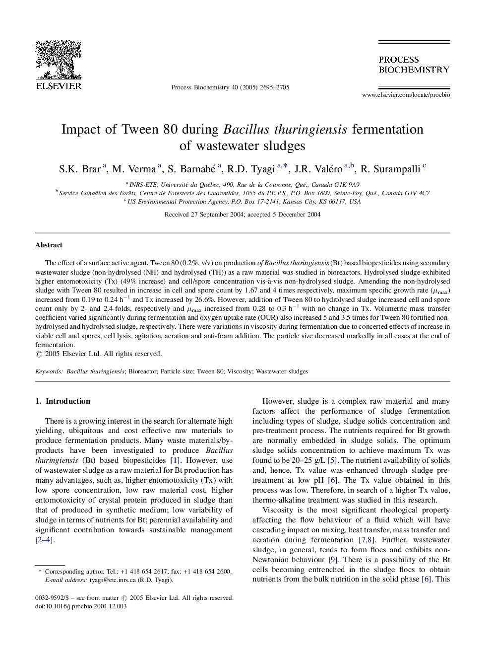 Impact of Tween 80 during Bacillus thuringiensis fermentation of wastewater sludges