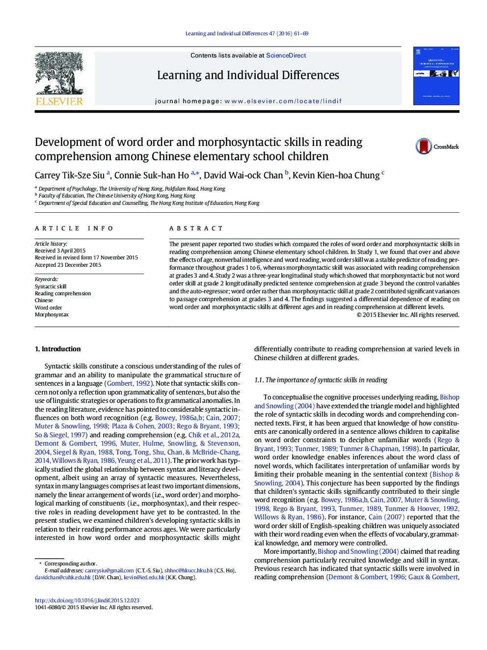 Development of word order and morphosyntactic skills in reading comprehension among Chinese elementary school children